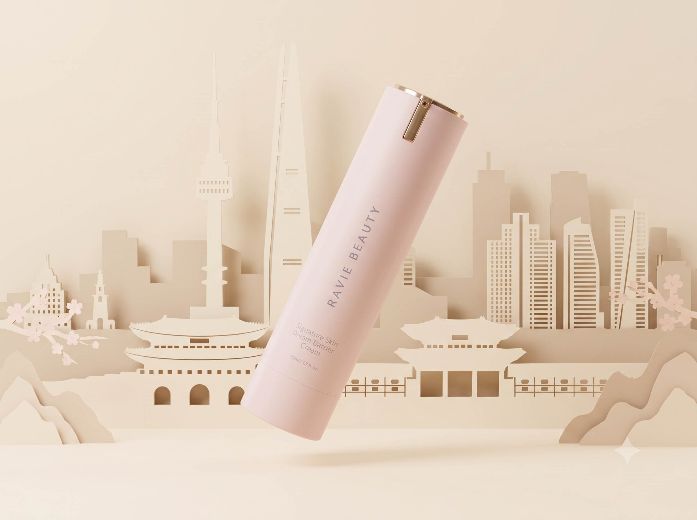 Signature Skin Dream Barrier Cream airless pump against a soft neutral background, editorial styling