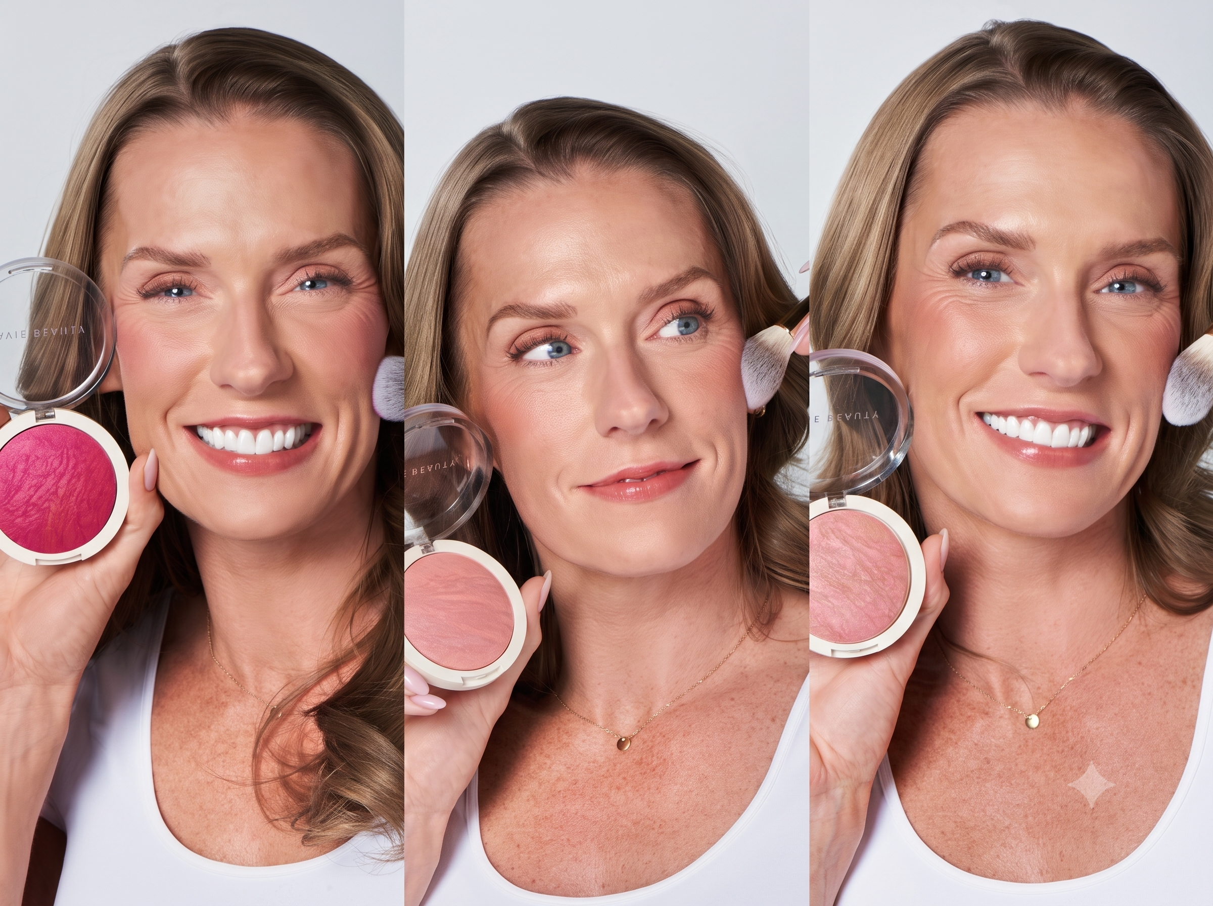 Mature model with Ravie Beauty Endless Diffusion Baked Blush applied across the apples of the cheeks sweeping up toward the temples, soft natural light, editorial close-up
