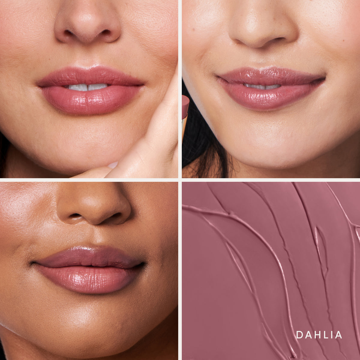 Three people wearing it, and the swatch up close. Ravie Beauty Effortless Lips™ Sheer-Buildable Lip Color in Dahlia #color_dahlia