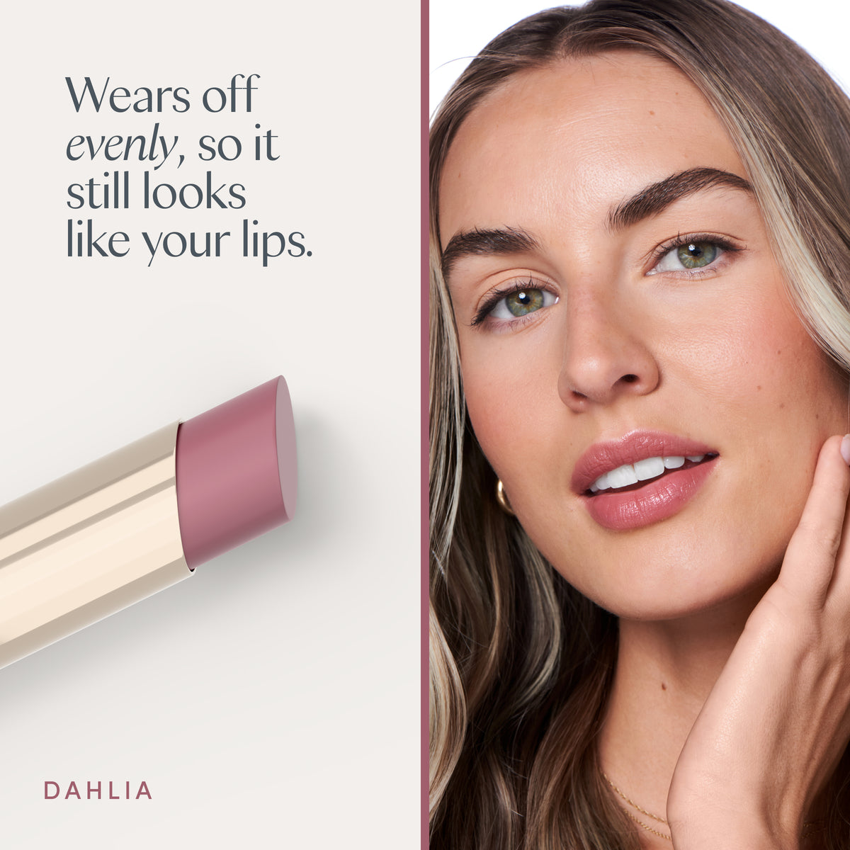 Wears off evenly, so it still looks like your lips. A model wearing it. Ravie Beauty Effortless Lips™ Sheer-Buildable Lip Color in Dahlia 