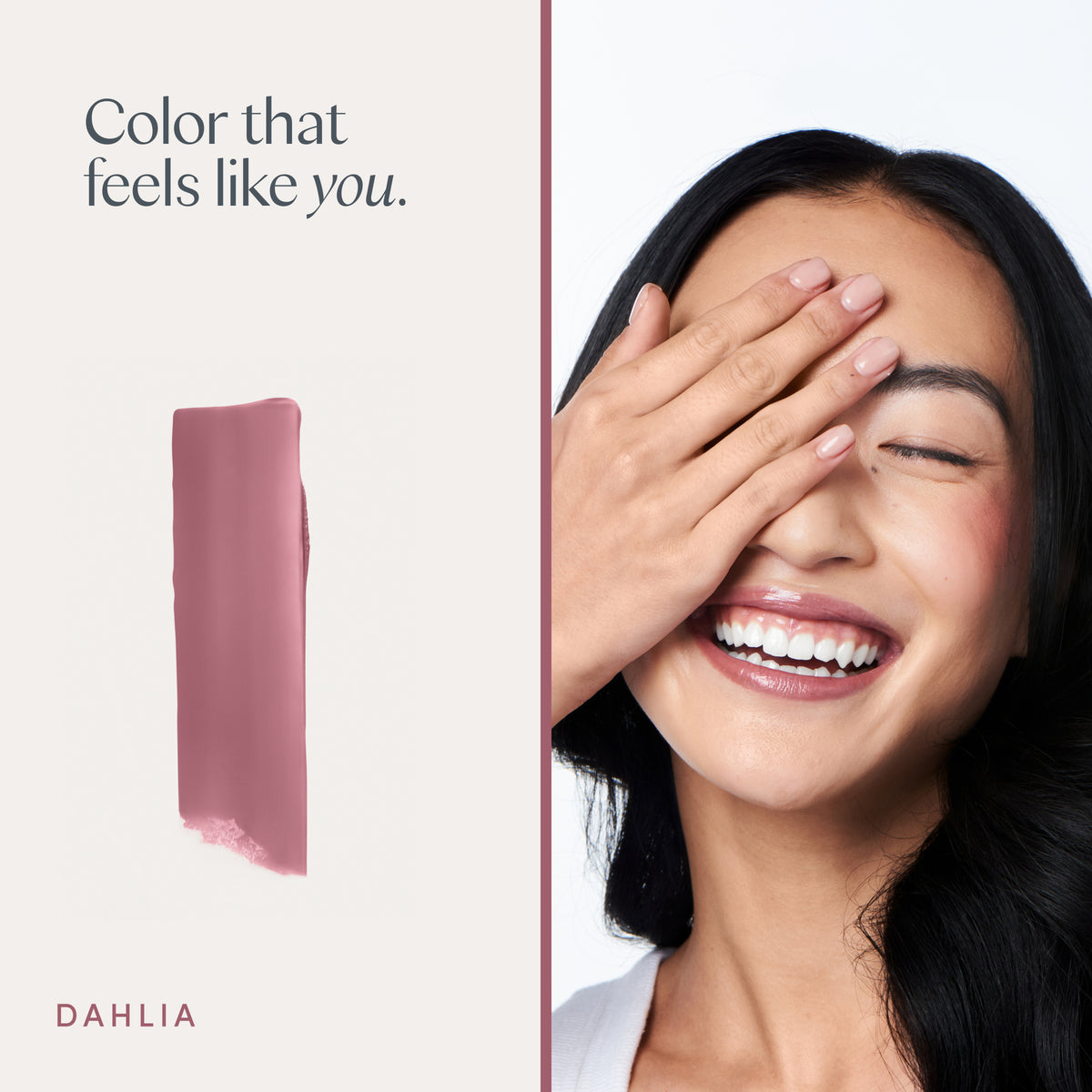 Color that feels like you. A model wearing it, and a swipe of the color. Ravie Beauty Effortless Lips™ Sheer-Buildable Lip Color in Dahlia 