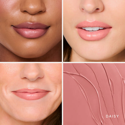 Three people wearing it, and the swatch up close. Ravie Beauty Effortless Lips™ Sheer-Buildable Lip Color in Daisy 