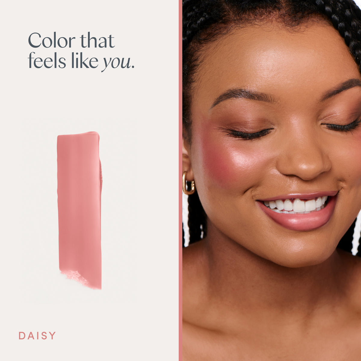 Color that feels like you. A model wearing it, and a swipe of the color. Ravie Beauty Effortless Lips™ Sheer-Buildable Lip Color in Daisy 