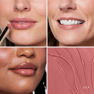 Three people wearing it, and the swatch up close. Ravie Beauty Effortless Lips™ Sheer-Buildable Lip Color in Lily 