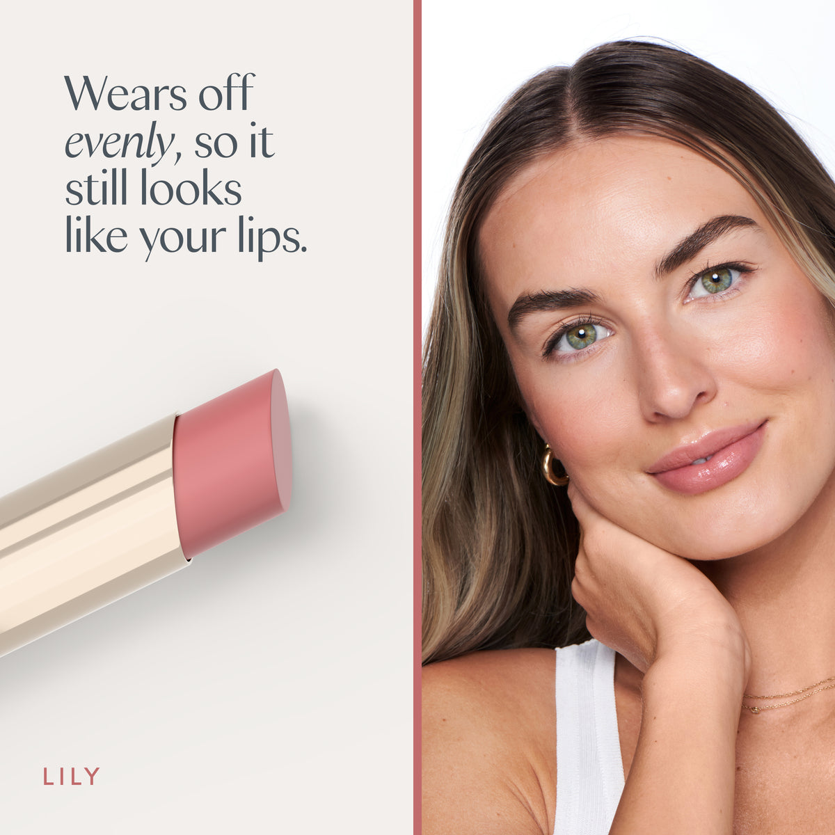 Wears off evenly, so it still looks like your lips. A model wearing it. Ravie Beauty Effortless Lips™ Sheer-Buildable Lip Color in Lily 