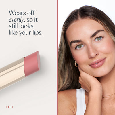 Wears off evenly, so it still looks like your lips. A model wearing it. Ravie Beauty Effortless Lips™ Sheer-Buildable Lip Color in Lily 