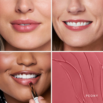 Three people wearing it, and the swatch up close. Ravie Beauty Effortless Lips™ Sheer-Buildable Lip Color in Peony 