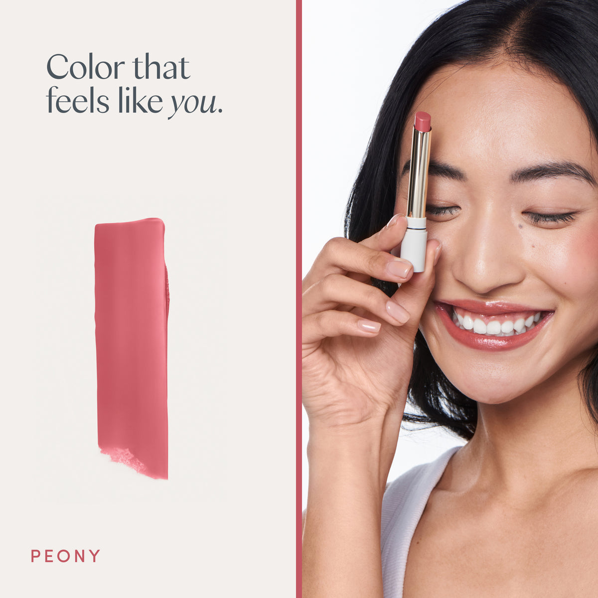 Color that feels like you. A model wearing it, and a swipe of the color. Ravie Beauty Effortless Lips™ Sheer-Buildable Lip Color in Peony 