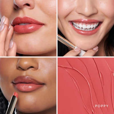 Three people wearing it, and the swatch up close. Ravie Beauty Effortless Lips™ Sheer-Buildable Lip Color in Poppy 