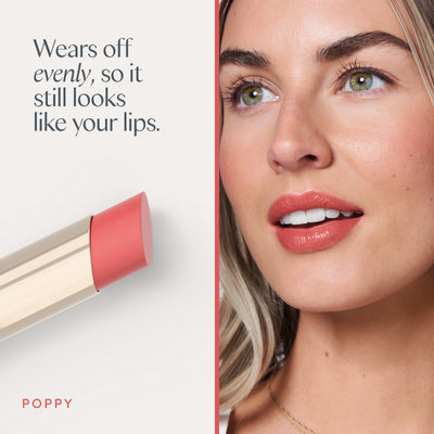 Wears off evenly, so it still looks like your lips. A model wearing it. Ravie Beauty Effortless Lips™ Sheer-Buildable Lip Color in Poppy 