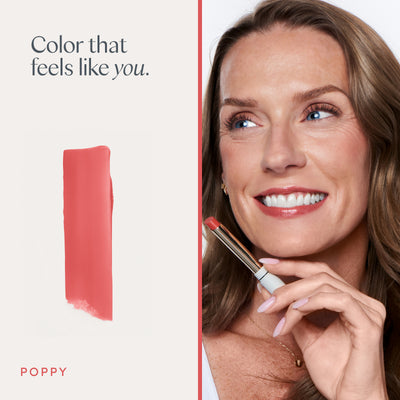 Color that feels like you. A model wearing it, and a swipe of the color. Ravie Beauty Effortless Lips™ Sheer-Buildable Lip Color in Poppy 