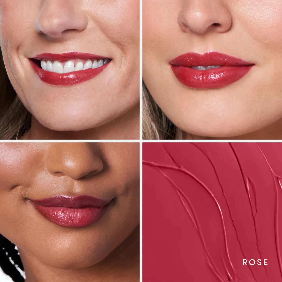 Three people wearing it, and the swatch up close. Ravie Beauty Effortless Lips™ Sheer-Buildable Lip Color in Rose 