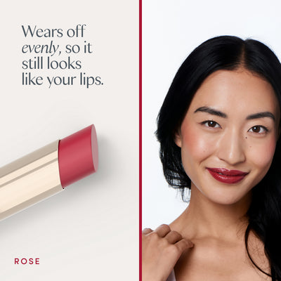 Wears off evenly, so it still looks like your lips. A model wearing it. Ravie Beauty Effortless Lips™ Sheer-Buildable Lip Color in Rose 