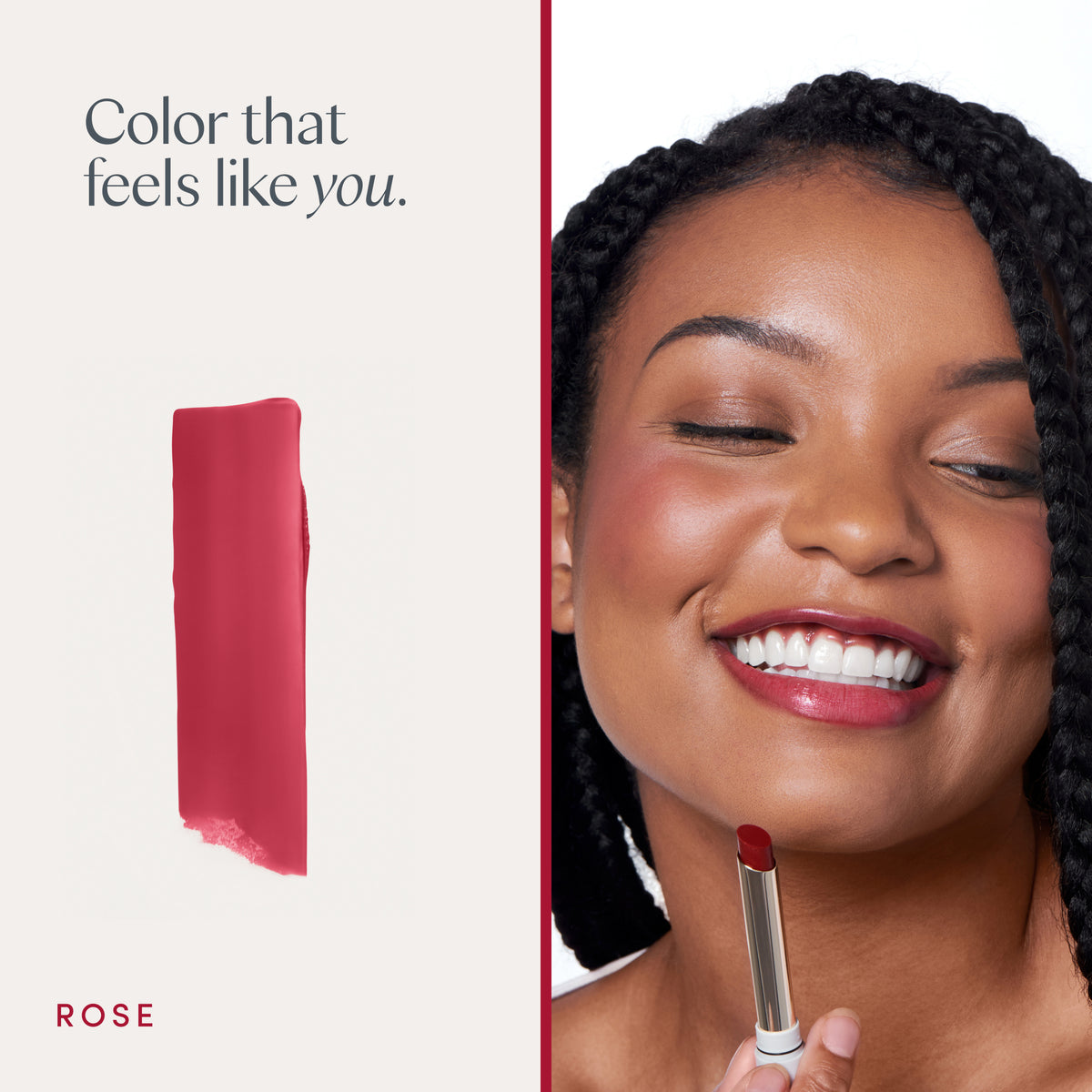 Color that feels like you. A model wearing it, and a swipe of the color. Ravie Beauty Effortless Lips™ Sheer-Buildable Lip Color in Rose 