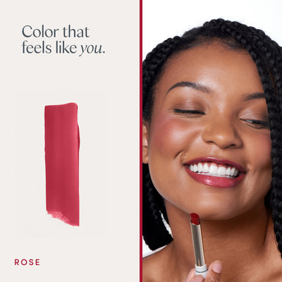 Color that feels like you. A model wearing it, and a swipe of the color. Ravie Beauty Effortless Lips™ Sheer-Buildable Lip Color in Rose 