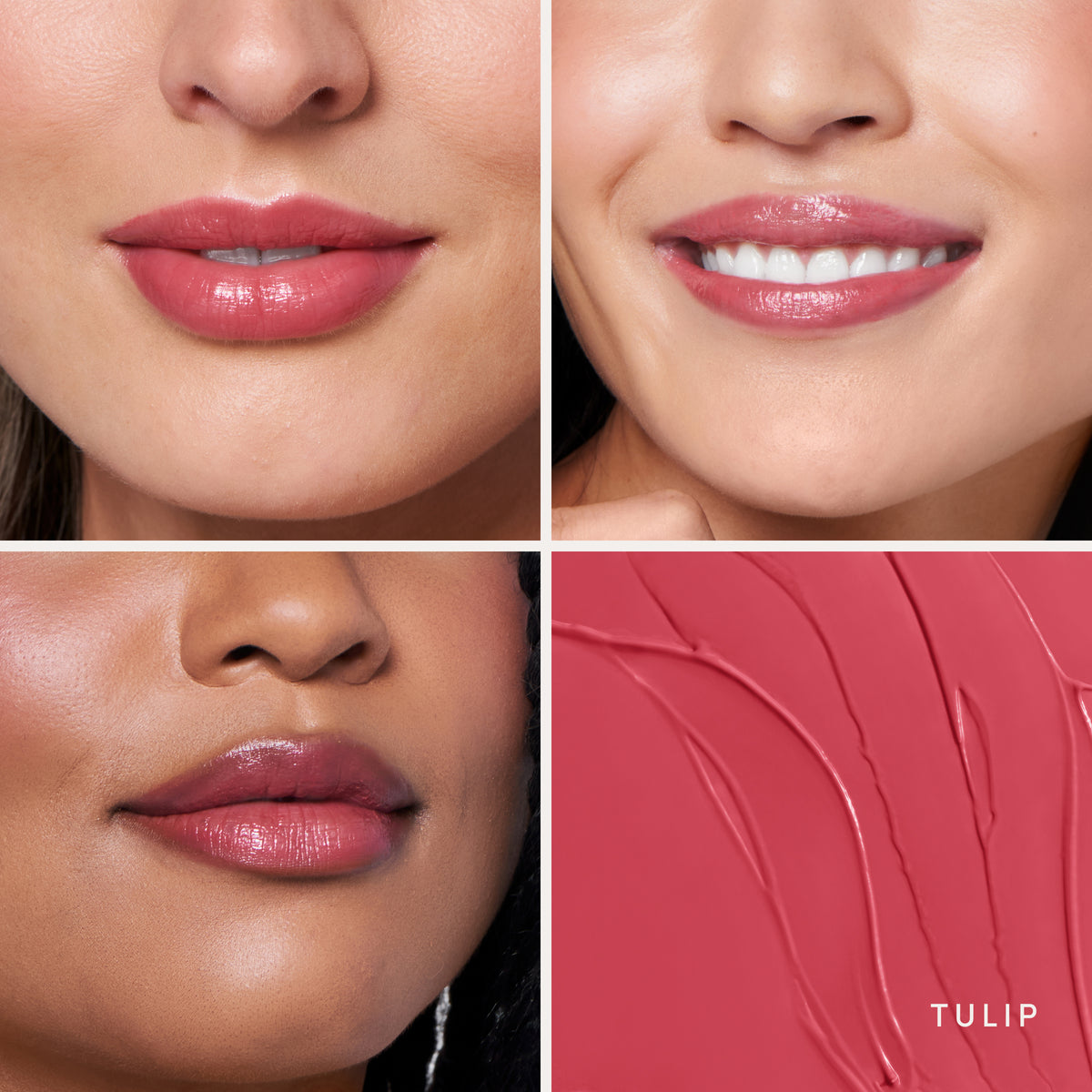 Three people wearing it, and the swatch up close. Ravie Beauty Effortless Lips™ Sheer-Buildable Lip Color in Tulip 