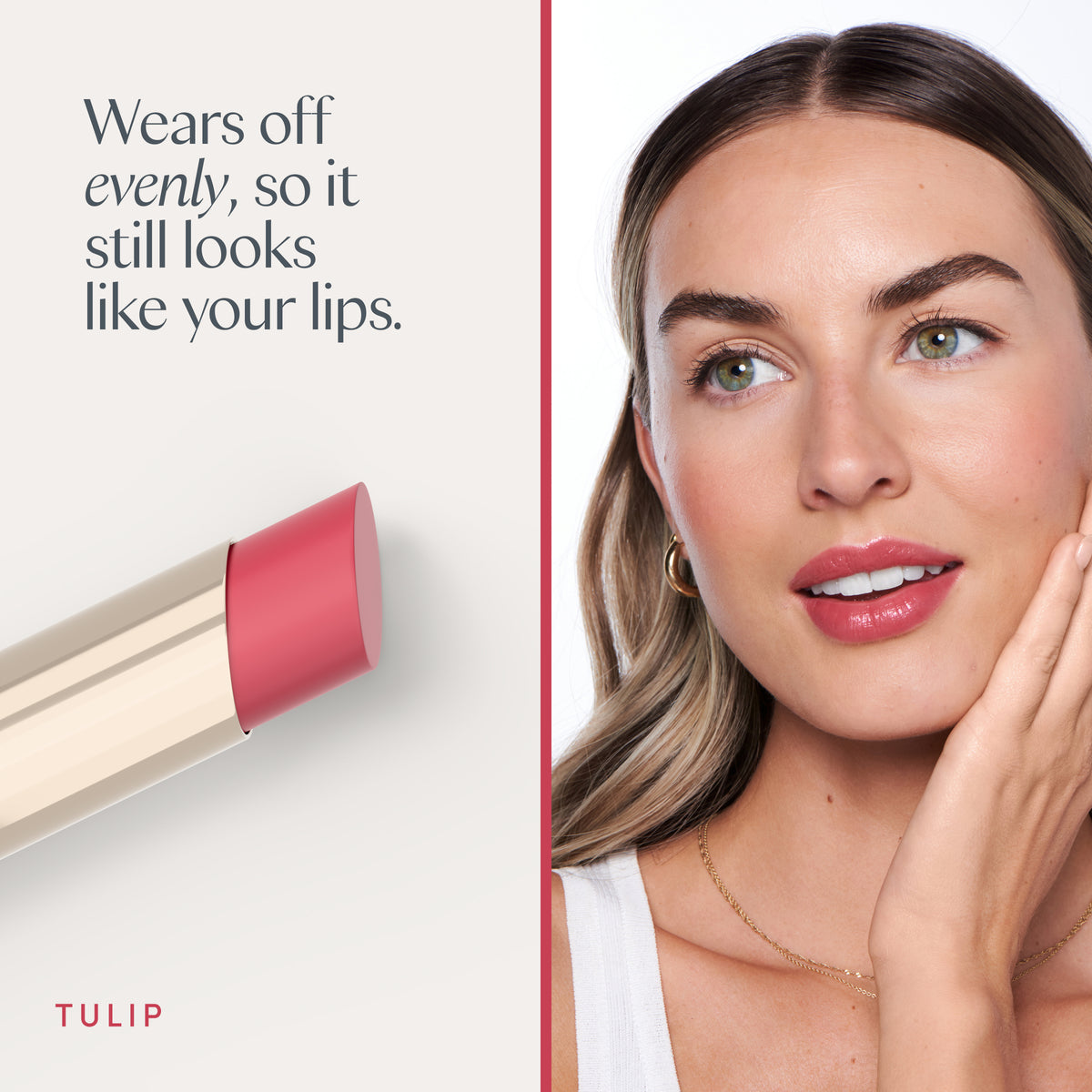 Wears off evenly, so it still looks like your lips. A model wearing it. Ravie Beauty Effortless Lips™ Sheer-Buildable Lip Color in Tulip 