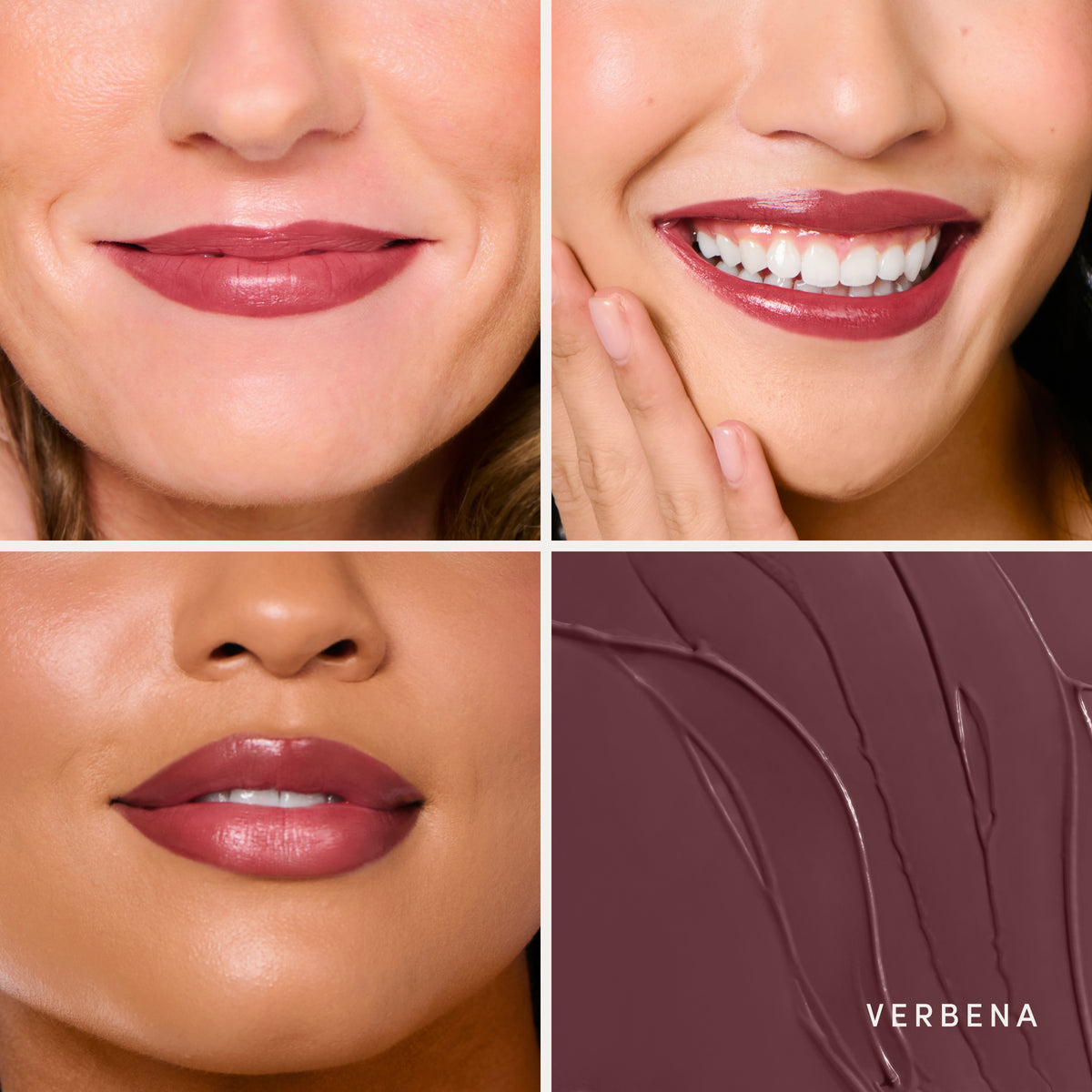 Three people wearing it, and the swatch up close. Ravie Beauty Effortless Lips™ Sheer-Buildable Lip Color in Verbena 