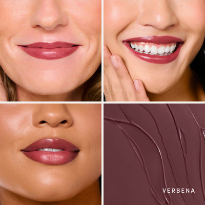 Three people wearing it, and the swatch up close. Ravie Beauty Effortless Lips™ Sheer-Buildable Lip Color in Verbena 
