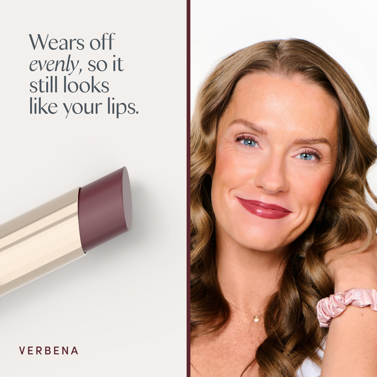 Wears off evenly, so it still looks like your lips. A model wearing it. Ravie Beauty Effortless Lips™ Sheer-Buildable Lip Color in Verbena 