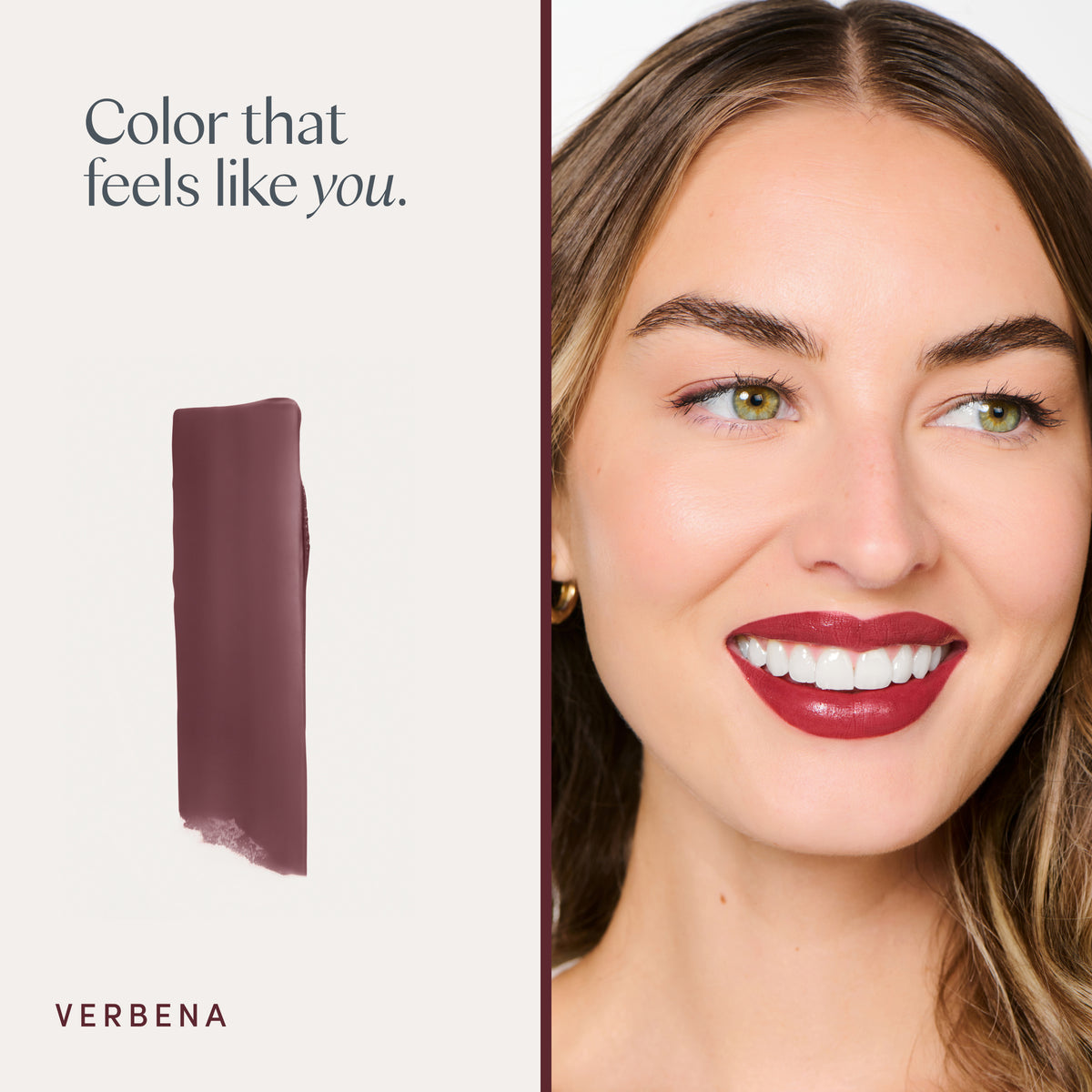 Color that feels like you. A model wearing it, and a swipe of the color. Ravie Beauty Effortless Lips™ Sheer-Buildable Lip Color in Verbena 
