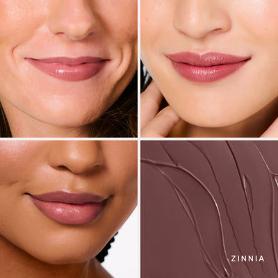 Three people wearing it, and the swatch up close. Ravie Beauty Effortless Lips™ Sheer-Buildable Lip Color in Zinnia 