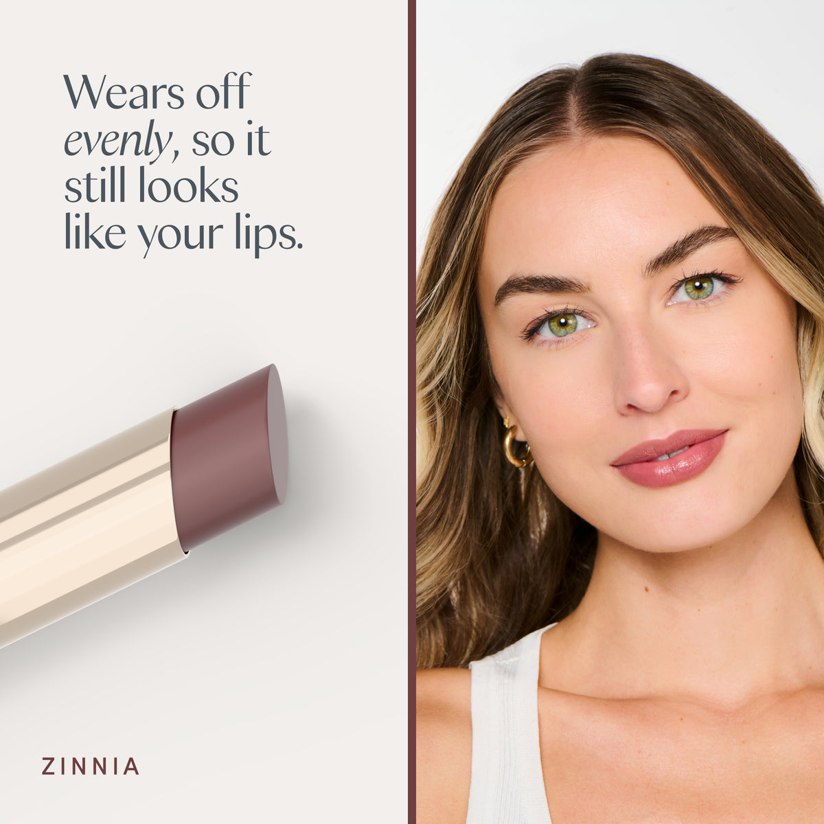Wears off evenly, so it still looks like your lips. A model wearing it. Ravie Beauty Effortless Lips™ Sheer-Buildable Lip Color in Zinnia 
