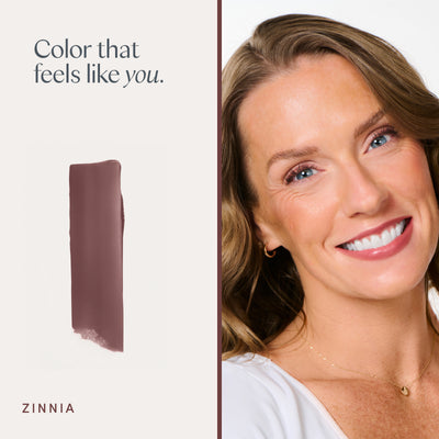 Color that feels like you. A model wearing it, and a swipe of the color. Ravie Beauty Effortless Lips™ Sheer-Buildable Lip Color in Zinnia 