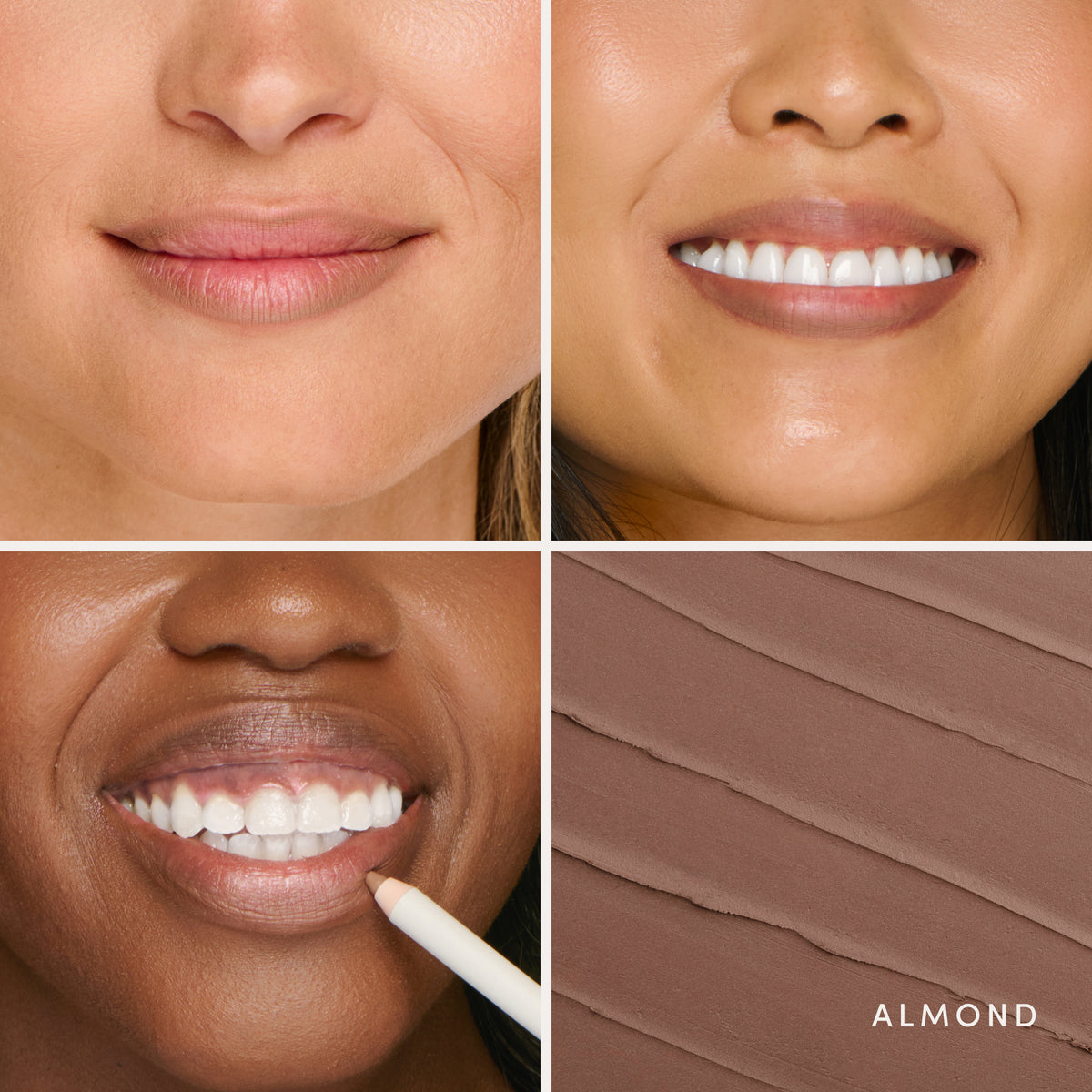 Three people wearing it, and the swatch up close. Ravie Beauty Soft Definition™ Longwear Lip Liner in Almond 
