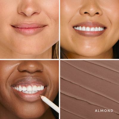 Three people wearing it, and the swatch up close. Ravie Beauty Soft Definition™ Longwear Lip Liner in Almond 