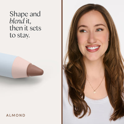 Shape and blend it, then it sets to stay. A model wearing it. Ravie Beauty Soft Definition™ Longwear Lip Liner in Almond 