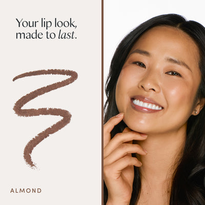 Your lip look, made to last. A model wearing it. Ravie Beauty Soft Definition™ Longwear Lip Liner in Almond 