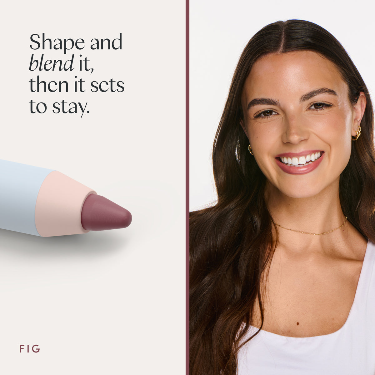 Shape and blend it, then it sets to stay. A model wearing it. Ravie Beauty Soft Definition™ Longwear Lip Liner in Fig 