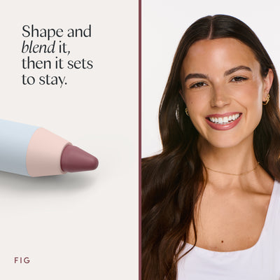 Shape and blend it, then it sets to stay. A model wearing it. Ravie Beauty Soft Definition™ Longwear Lip Liner in Fig 