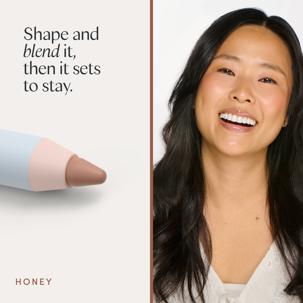 Shape and blend it, then it sets to stay. A model wearing it. Ravie Beauty Soft Definition™ Longwear Lip Liner in Honey 