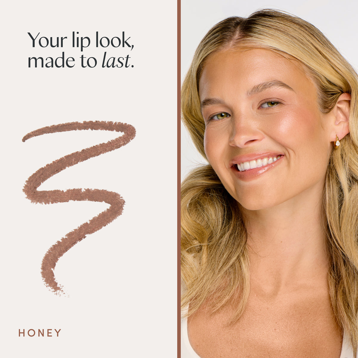 Your lip look, made to last. A model wearing it. Ravie Beauty Soft Definition™ Longwear Lip Liner in Honey 