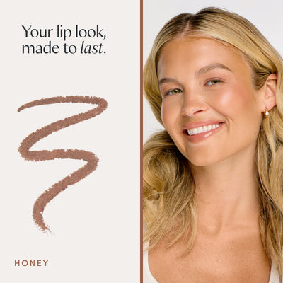 Your lip look, made to last. A model wearing it. Ravie Beauty Soft Definition™ Longwear Lip Liner in Honey 