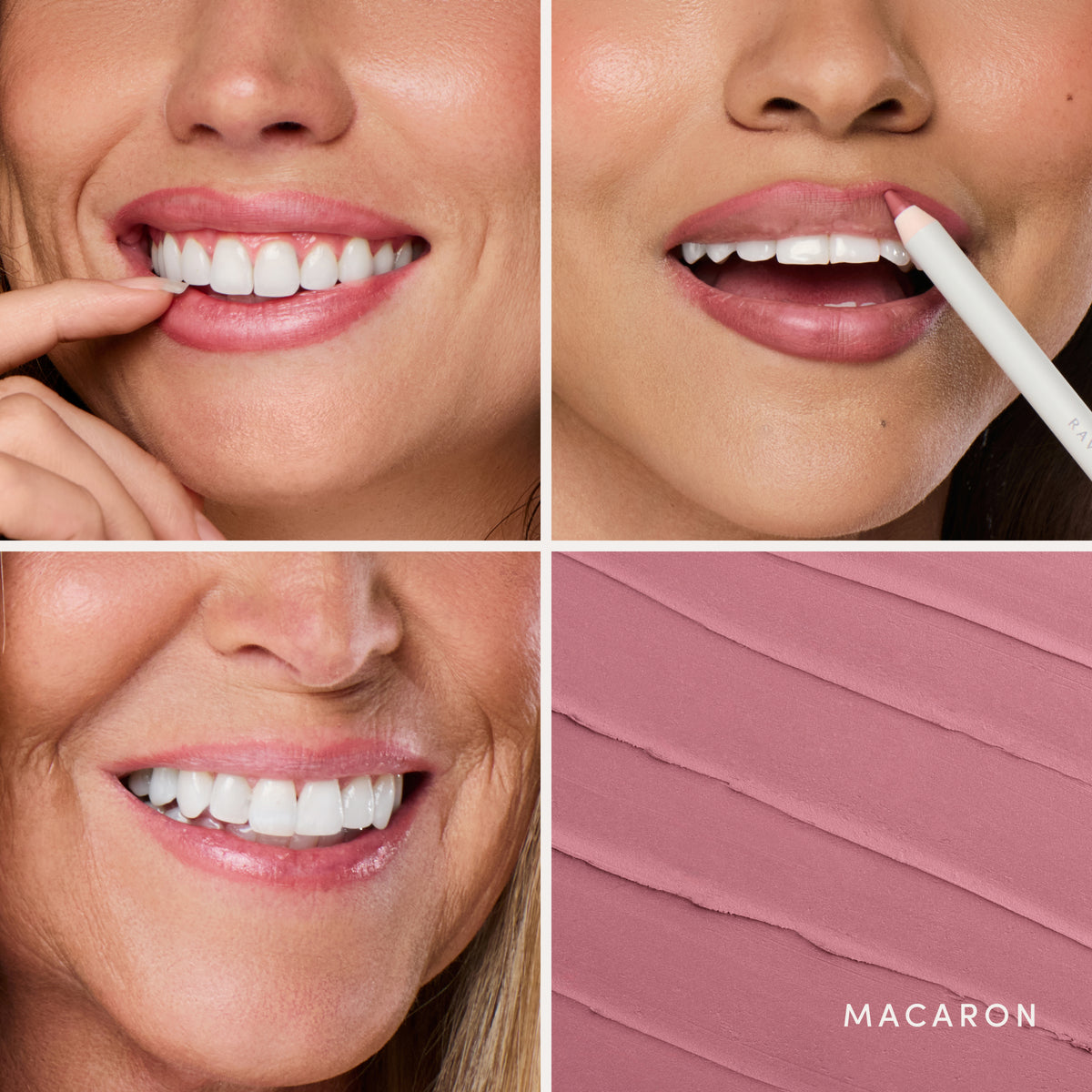 Three people wearing it, and the swatch up close. Ravie Beauty Soft Definition™ Longwear Lip Liner in Macaron #color_macaron
