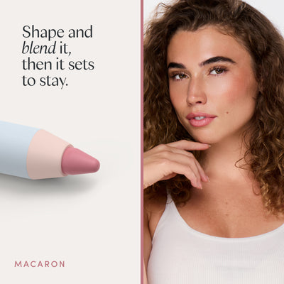 Shape and blend it, then it sets to stay. A model wearing it. Ravie Beauty Soft Definition™ Longwear Lip Liner in Macaron 