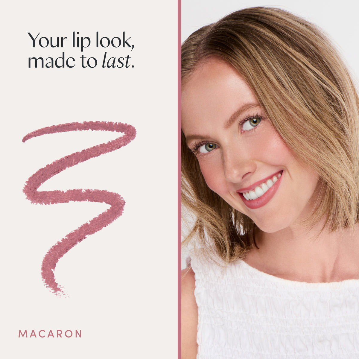 Your lip look, made to last. A model wearing it. Ravie Beauty Soft Definition™ Longwear Lip Liner in Macaron 