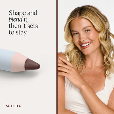 Shape and blend it, then it sets to stay. A model wearing it. Ravie Beauty Soft Definition™ Longwear Lip Liner in Mocha 