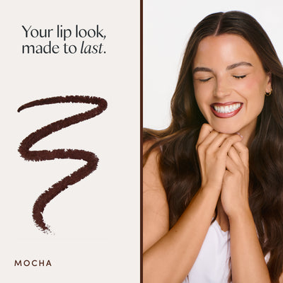 Your lip look, made to last. A model wearing it. Ravie Beauty Soft Definition™ Longwear Lip Liner in Mocha 