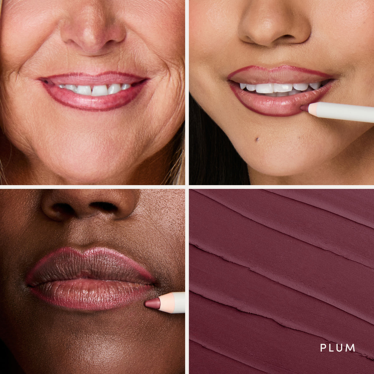 Three people wearing it, and the swatch up close. Ravie Beauty Soft Definition™ Longwear Lip Liner in Plum 