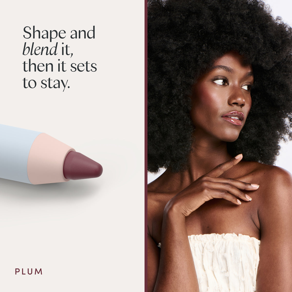 Shape and blend it, then it sets to stay. A model wearing it. Ravie Beauty Soft Definition™ Longwear Lip Liner in Plum 