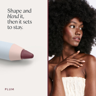 Shape and blend it, then it sets to stay. A model wearing it. Ravie Beauty Soft Definition™ Longwear Lip Liner in Plum 