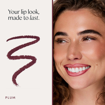 Your lip look, made to last. A model wearing it. Ravie Beauty Soft Definition™ Longwear Lip Liner in Plum 