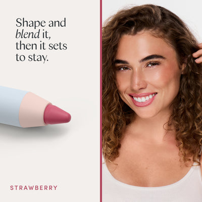 Shape and blend it, then it sets to stay. A model wearing it. Ravie Beauty Soft Definition™ Longwear Lip Liner in Strawberry 