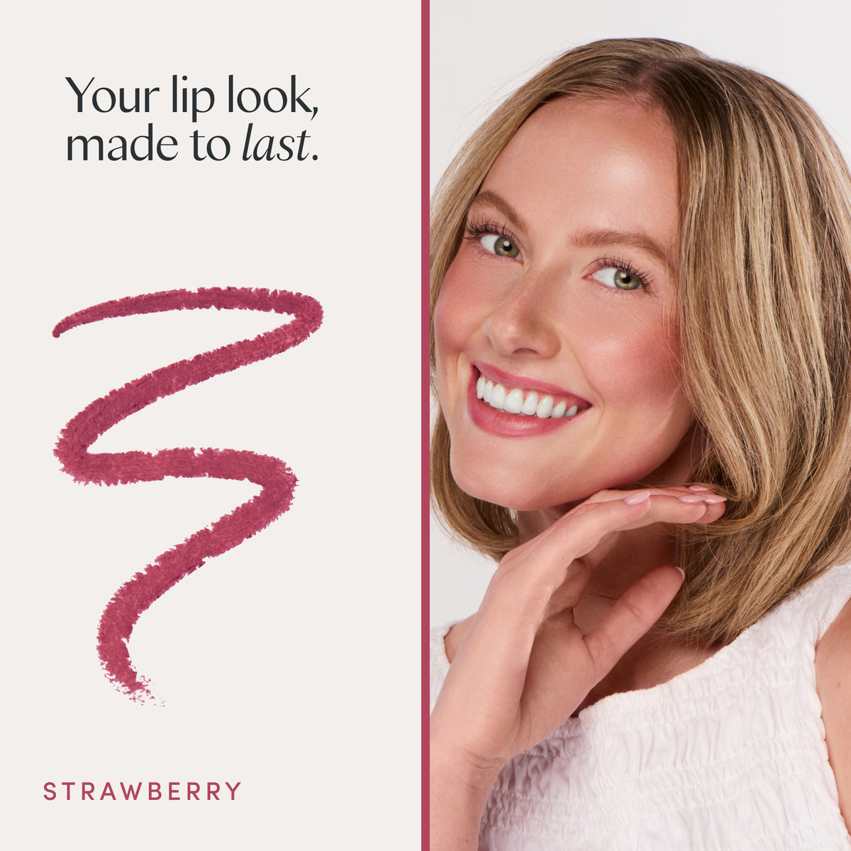 Your lip look, made to last. A model wearing it. Ravie Beauty Soft Definition™ Longwear Lip Liner in Strawberry 