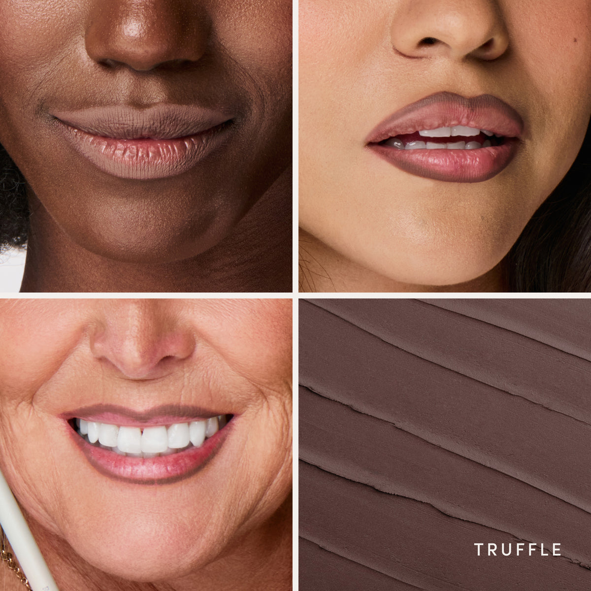 Three people wearing it, and the swatch up close. Ravie Beauty Soft Definition™ Longwear Lip Liner in Truffle 