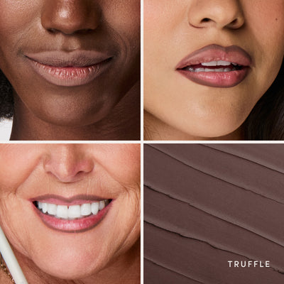 Three people wearing it, and the swatch up close. Ravie Beauty Soft Definition™ Longwear Lip Liner in Truffle 